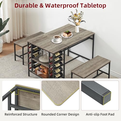 Garvee Dining Table Set for 4, Kitchen Table Set for 4 with 2 Benches, 3 Piece Dining Room Table Set for Small Space Apartment, Grey Garvee