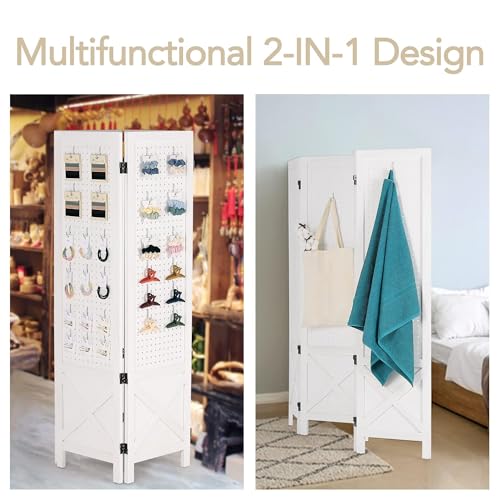 Wnutrees 4 Panel Pegboard Display, 5 Ft Wood Folding Privacy Screens Room Divider, Portable Freestanding Display Board for Craft/Art Shows, Retail, Events, Wall Organizer, Rustic Barnwood, White Wnutrees