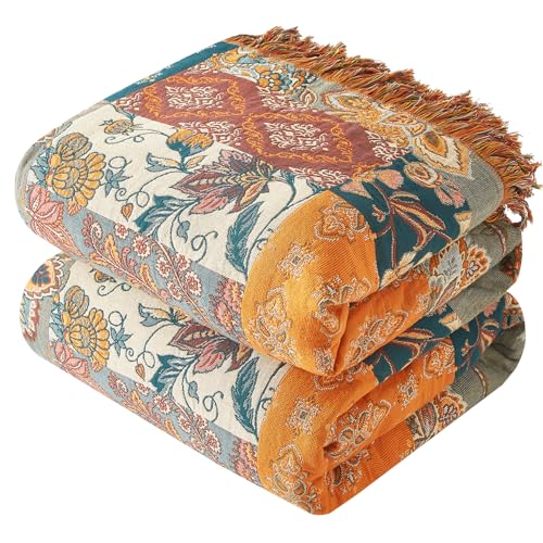Bailix Boho Throw Blanket for Couch Sofa Bed, 100% Cotton Woven Quilt with Tassel 60”x80”, Super Soft Muslin Blanket with Floral Printed, Decorative Reversible Bed Blanket/Cover for All Seasons Bailix