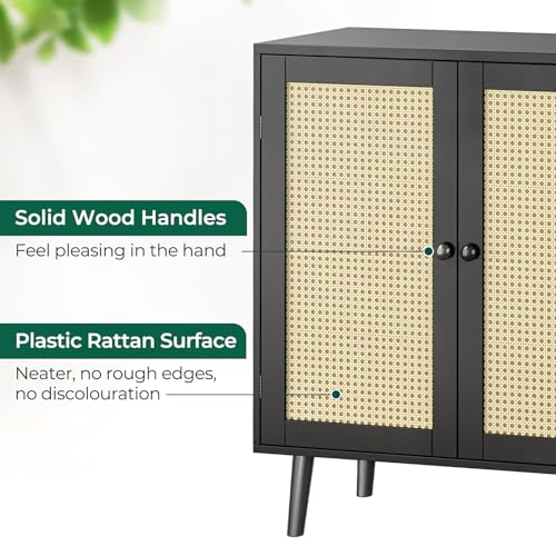 Huuger Buffet Cabinet with Storage, Storage Cabinet with Synthetic Rattan Decor Doors, Accent Cabinet with Solid Wood Feet, Sideboard Cabinet for Hallway, Entry, Living Room, Black Huuger
