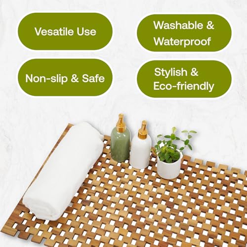 GREEN ALLUVIUM Acacia Wood Bath Mat - Non Slip Sturdy Wooden Bathroom Mat - Outdoor Wooden Shower Mat for Indoor & Outdoor Shower, Spa, Sauna, Cold Plunge, Camping 20" x 32" GREEN ALLUVIUM