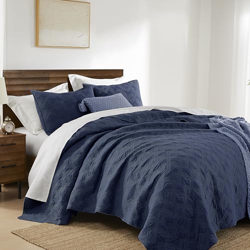 WDCOZY 100% Cotton King Size Quilt Set - Navy Blue Pre-Washed Soft Lightweight Modern Bedspread, Farmhouse Country Rustic Coverlet, Textured Like Linen, Shabby Chic Gauze Bedding, 3 Pieces WDCOZY