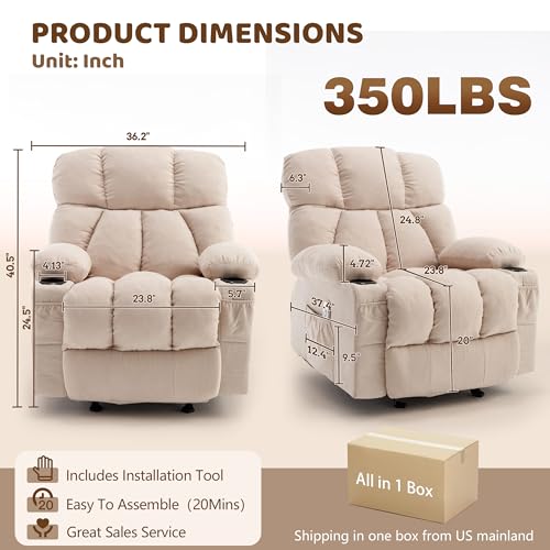 Massage Rocking Recliner Chair, Ergonomic Recliners Sofa with Vibration Massage & Heat, Rocking Chair Nursery Chair for Living Room Lounge with 4 Pockets, 2 Cup Holdersrt, Beige