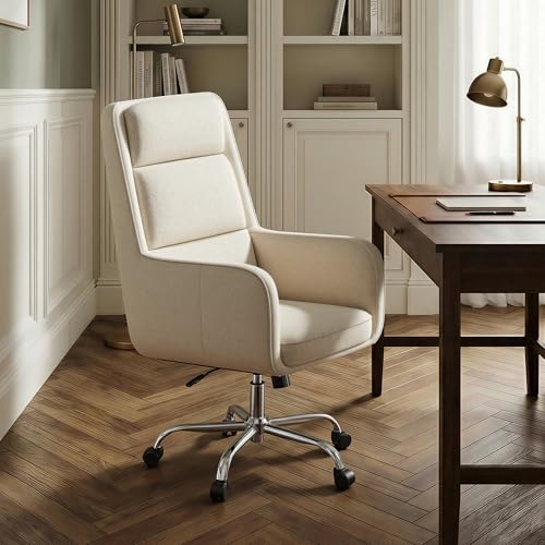COLAMY Cocoon Modern Executive High Back Home Office Chair, Upholstered Desk Chair with Wheels, Vanity Chair with Head and Lumbar Support, Armrest (Beige) COLAMY