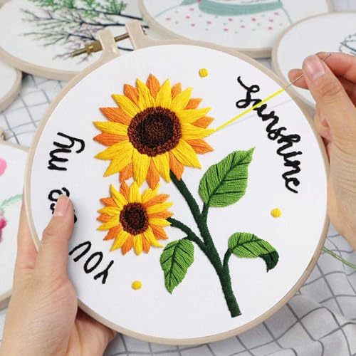 Louise Maelys 3 Sets Sunflowers Embroidery Kit for Beginners,Cross Stitch Kits for Adults with Summer Flowers Bee Stamped Pattern,Starters Needlepoint with Embroidery Instruction