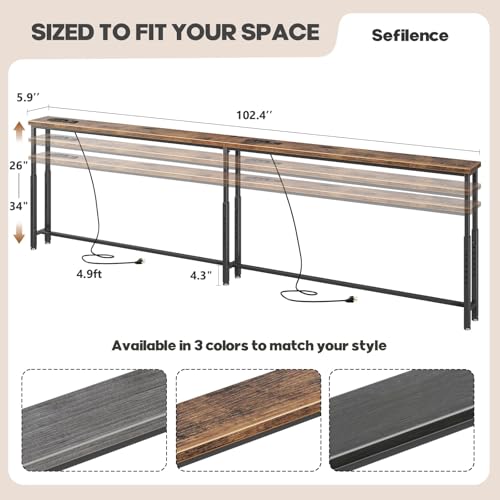 SEFILENCE 102.4’’ Narrow Console Table with 26"–34" Height Adjustable, Behind Couch Table Skinny with 2 Power Outlets and USB Ports, Long Sofa Tables for Living Room and Small Spaces, Rustic Brown SEFILENCE