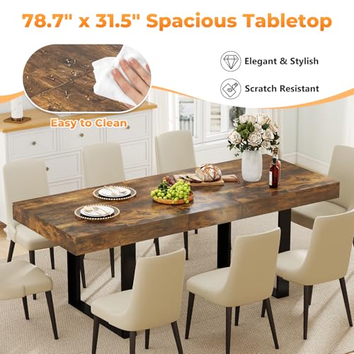 Zevemomo 63"-78.7" Expandable Dining Table, 6-10 Farmhouse Kitchen Table, Extendable Dining Table, Rectangular Kitchen Table with Metal Track, Tapered U-Shaped Leg for Dining Room,Office-Rustic Brown Zevemomo