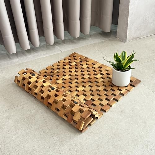 GREEN ALLUVIUM Acacia Wood Bath Mat - Non Slip Sturdy Wooden Bathroom Mat - Outdoor Wooden Shower Mat for Indoor & Outdoor Shower, Spa, Sauna, Cold Plunge, Camping 20" x 32" GREEN ALLUVIUM