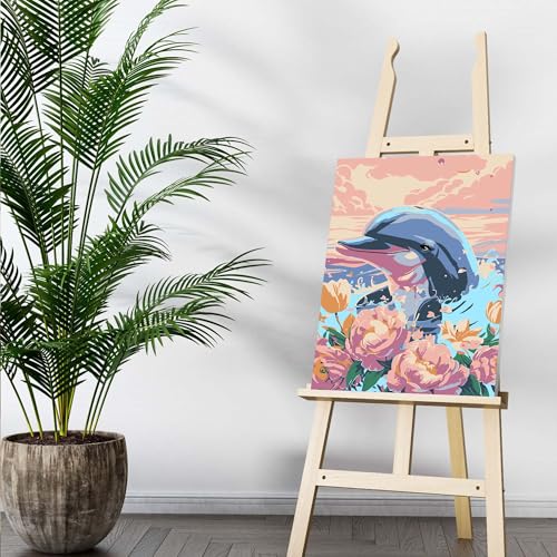 Bimkole Framed Paint by Numbers Kit for Adults Dolphin, DIY Oil Painting Kit on Canvas with Paintbrushes and Acrylic Pigment, for Paint by Numbers for Beginner, for Home Wall Decor 8x12inch/20x30 cm Bimkole