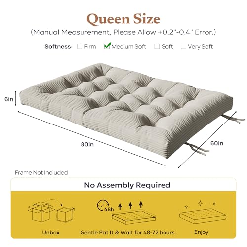 Furnify 6" Futon Mattress Queen Size, Futons Sofa Couch Bed with Straps, Thick Corduroy Fabric Floor Mattress for Adults, Foldable Mattress with Shredded Foam Filling (Frame Not Included), Beige Furnify