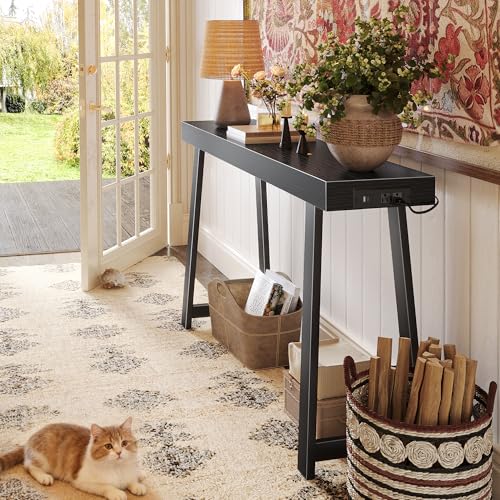 Huuger Entryway Console Table with Charging Station, USB-C Port, 47.2 Inch Sofa Table with Metal Legs, Entry Hallway Table with Thicker Desktop, Modern Behind Couch Table, Black Huuger