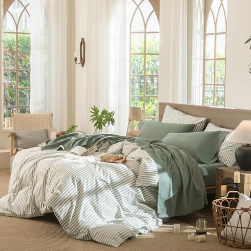MooMee Bedding Sheet Set 100% Washed Cotton Linen Like Textured Breathable Durable Soft Comfy (Heathered Green, King) MooMee