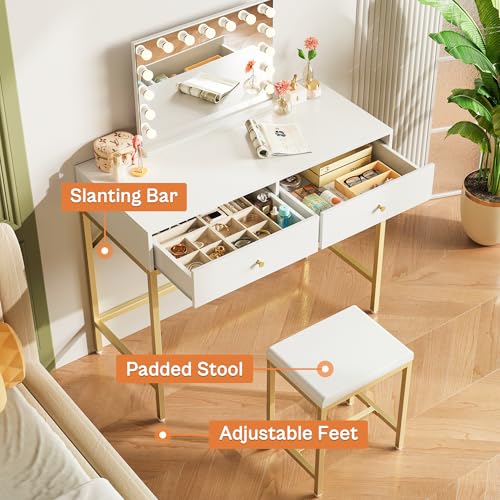SUPERJARE 31.5" White and Gold Desk with 2 Drawers, Modern Makeup Vanity with Padded Stool, Small Computer Desk Home Office Desk for Writing Study Bedroom SUPERJARE
