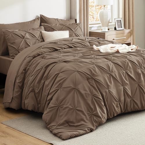 Bedsure Full Comforter Set Brown - Bed in a Bag Full Size Bedding Set 7 Pieces, GentleSoft™ Pintuck Bed Set Gift for Family, Pinch Pleat All Season Comforter with Sheets, Pillowcases & Shams