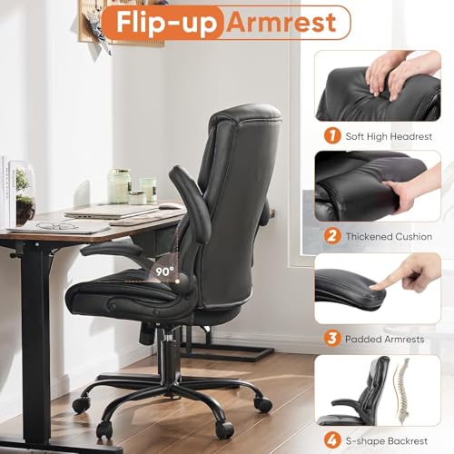 Sweetcrispy Computer Gaming Chair, Ergonomic High Back Heavy Duty Task Desk Office Chairs with Wheels, Flip-up Arms, Adjustable Height, PU Leather,Inky Sweetcrispy