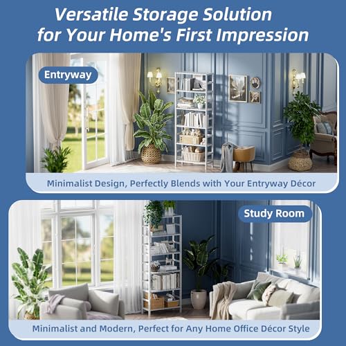 HITNET Bookshelf, 6-Tier Tall Bookcase Freestanding Bamboo Book Shelf Bathroom Storage Organizer with Adjustable Shelves, White HITNET