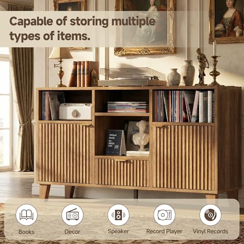 knoworld Large Round Record Player Stand with Vinyl Record Storage & Charging Station, Modern Turntable Cabinet with Power Outlet and USB Ports for Living Room and Bedroom (Walnut) knoworld