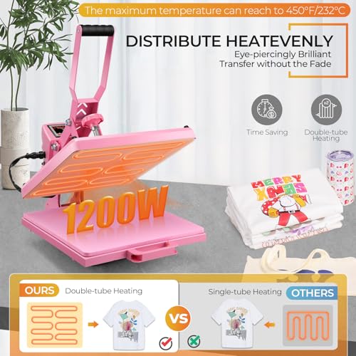Whubefy Heat Press 15x15 Slide Out, Industrial-Quality Clamshell Sublimation Heat Transfer Machine with 5 DTF Transfer Sheets, Digital Heat Press Machine for T Shirts/Bags/Pillows/Mouse Pad (Pink) Whubefy