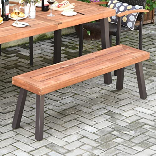 Tangkula Outdoor Acacia Wood Bench, Patio Dining Bench Picnic Bench with Steel Legs, Wooden Bench for Porch Garden Poolside Living Room Balcony, Ideal for Indoor & Outdoor Use (1, Teak) Tangkula
