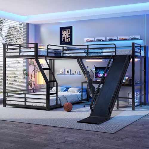 Harper & Bright Designs Triple Bunk Bed, L-Shaped Twin Over Full Bunk Bed with Twin Size Loft Bed,Metal Triple Bunk Bed with Slide and USB Ports for Apartments, Dormitories. (Black) Harper & Bright Designs