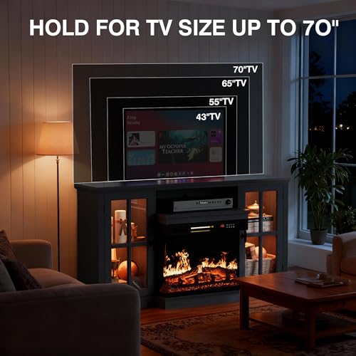 YESHOMY Glass Fireplace TV Stand for Televisions up to 65", Media Entertainment Center Console Table with Led Lights, Black YESHOMY