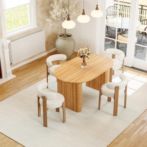 HMHKHN 90" Extendable Dining Table for 4 to 8, Oval Wooden Extendable Dining Room Table with Curved Fluted Wood Strip Base for Home (Natural, Table with 4 Panels) HMHKHN