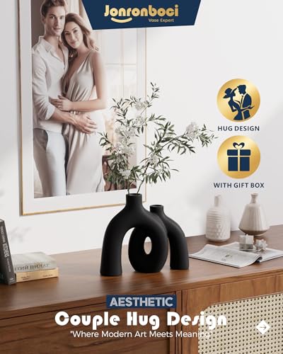 Matte Black Vase Set - Hug Hollow Donut Aesthetic Ceramic Vases Home Decor, Modern Nordic Minimalist Decorative Vase for Table Centerpiece Bookshelf Office Entryway Console Fireplace (Black) Jonronboci