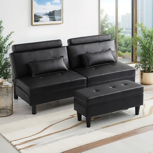 DRMBOOK Convertible Futon Sofa Bed Set with Storage Ottoman, Adjustable Recliner Sleeper Sofa Bed with Side Pocket, Comfy Futon Couch with Table for Living Room, Dorm, Office (Faux Leather, Black) DRMBOOK