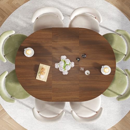 Modern Extendable Round Dining Table for 4-6, 43-59 Inch Oval Dinner Kitchen Table with Storage, Wood Walnut Circle Table with Leaf, Space Saving, for Dining Room, Living Room Xyulmeo