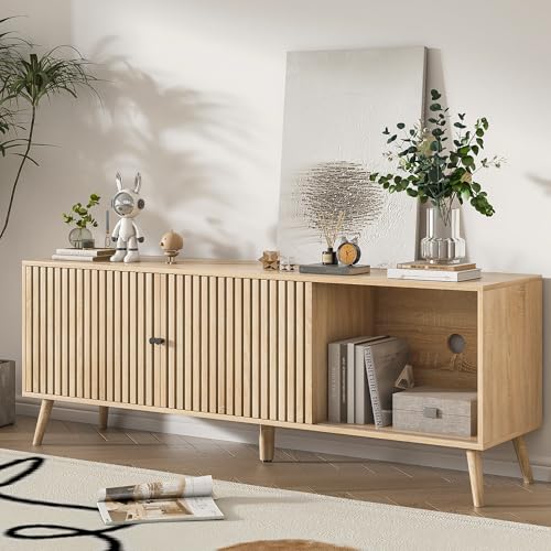 Oubayajia Mid Century Modern TV Stand for Televisions up to 70 Inches, with Sliding Doors and Storage, Television Stands, TV Consoles, Media Consoles for Living Room, 63 Inch (Natural) Oubayajia