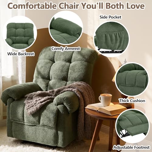 Small Recliner Chair with Side Pockets, Green Fabric RV Recliner for Adults, Traditional Manual Recliners Chair for Small Spaces, Reclining Chairs for Living Room Bedroom, Overstuffed (Green)