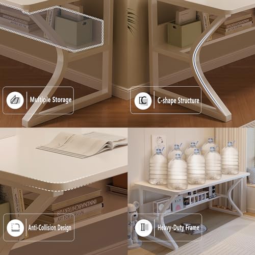 OSCHF Extra Long Desk with Bookshelf - 63" Double Long Writing Table for 2-Person Workstation, Modern Study Work Computer Desk for Home and Office, Warm White OSCHF