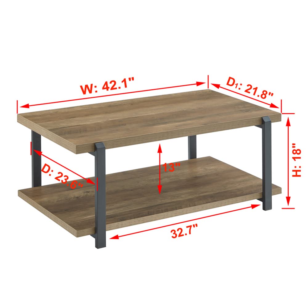 FOLUBAN Industrial Coffee Table with shelf, Wood and Metal Rustic Cocktail Table for Living Room, Oak FOLUBAN