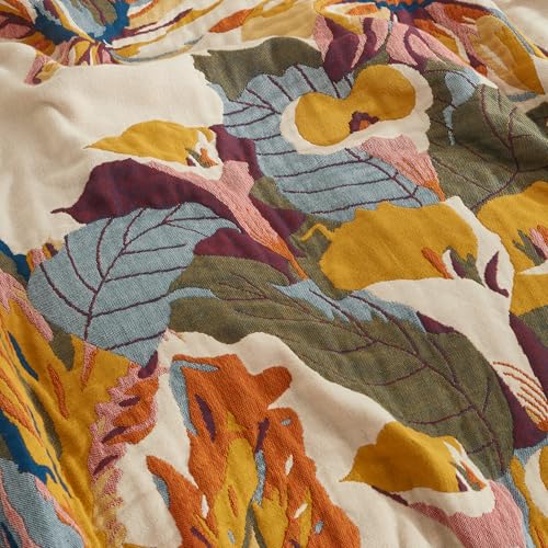 Boho Throw Blanket for Bed 60”x80”, 100% Cotton Woven Blanket for Couch Sofa, Ultra Soft 4-Layer Muslin Quilt with Floral Printed, Farmhouse Bed Blanket/Cover for Living Room Decor SE SOFTEXLY