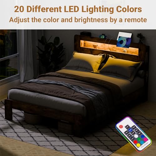 Zevemomo Full Size Bed Frame with LED Lights & Charging Station - Rustic Brown Zevemomo