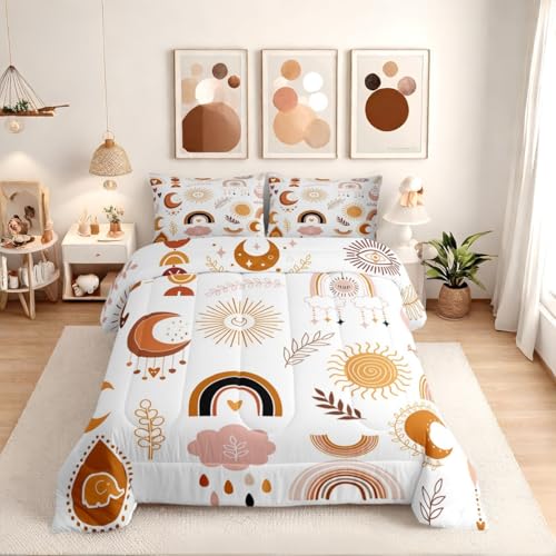 Boho Rainbow Bedding Set For Girls Twin,Cute Bohemian Eyes Moon Sun Comforter Set Kawaii Cloud Dream Catcher Bedding Comforter Sets For Kids Nursery Cartoon Hand Drawn Doodle Quilt Set 1 Pillowcase Erosebridal