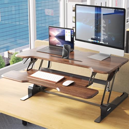 Mount-It! 38 Inch Standing Desk Converter, Sit Stand Desk Riser for Dual Monitors with Keyboard Tray, Height Adjustable Desktop Workstation, Easy Lift Gas Spring, Rustic Walnut Brown Mount-It!