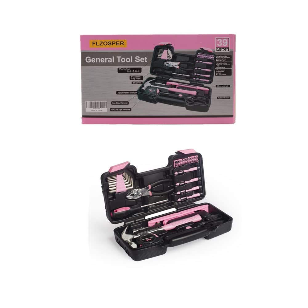 39-Piece General Tool Set-Essential Household Hand Tool Kit with Portable Toolbox Storage Case(Pink—Level Ruler)) KOFOT