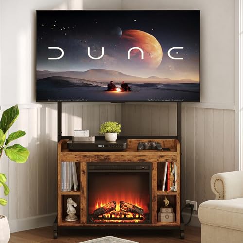 RALGEND Fireplace TV Stand with Mount for 55/60/65/75 inch TVs, Corner Entertainment Center with Power Outlet and 18" Electric Fireplace, Height Adjustable TV Console for Living Room, Rustic and Black RALGEND
