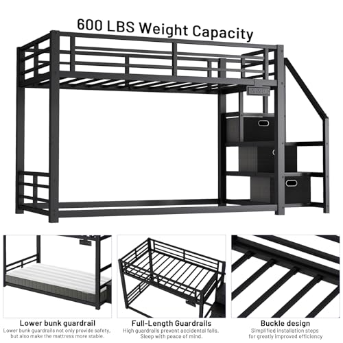 Twin Over Twin Metal Bunk Bed with Storage Stairs, Drawers & Shelves, Power Outlet and RGB LED Lights,Low Profile Kids Bunk Bed Frame with Safety Guardrails & Metal Slats,No Box Spring Needed (Black) HKOLIE