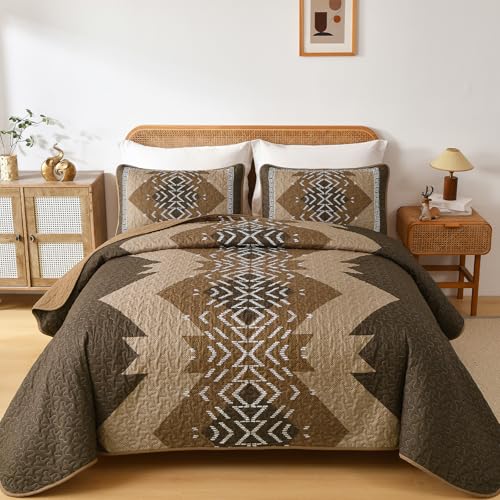 Dintszyayue Brown Quilt Set Queen Size,3 Piece Boho Aztec Texture Bedspread Coverlet Set Reversible Lightweight Bedding Set Geometric Bohemian Bed Cover with 2 Pillowcases(Dark Brown,90"x96") Dintszyayue