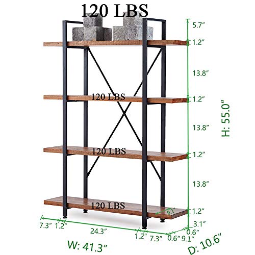 HSH Rustic 4-Tier Natural Wood Bookshelf with Industrial Metal Frame - Distressed Brown Etagere for Home and Office Storage HSH