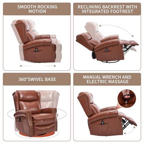 PELUMY Genuine Leather Swivel Rocking Recliner Chair for Adults, 360° Swivel Glider Rocker with Heat & Vibrating Massage, Lounge Chair for Living Room, Bedroom, Nursery (Tangerine-Red Brown)