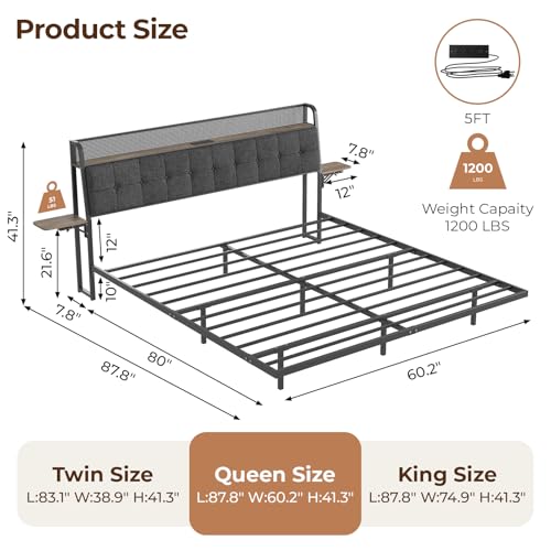 Salamir Queen Floating Bed Frame with LED & Charging Station, Ergonomic Upholstered Headboard with Folding Shelves Storage, Metal Slats Support, No Box Spring Needed, Easy Assembly, Noise-Free, Grey Salamir