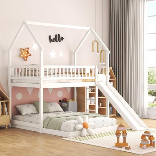 SOFTSEA House Bunk Bed with Slide, Twin Over Full Wooden Bunk Bed Frame with Full-Length Guardrail and Built-in Ladder, for Bedroom, No Box Spring Needed, White SOFTSEA