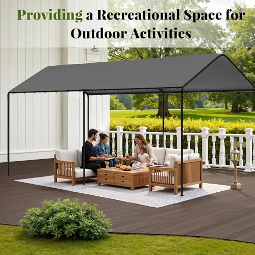 Carport, 10‘ x 20’ Heavy Duty Portable Garage All-Season Car Canopy, Outdoor Garage Boat Shelter Carport Canopy Party Tent w/Water-Resistant Tarp for Backyard (Grey, 10' x 20' /no Side) Phonjoroo