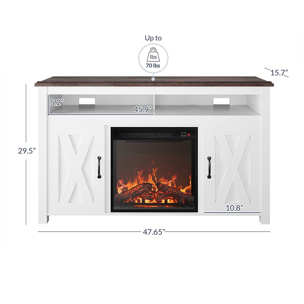 BELLEZE Modern 48" Barn Door Wood TV Stand with 18" Electric Fireplace Heater & Media Entertainment Center Console Table for TV up to 50" with Two Open Shelves and Cabinets - Corin (White) BELLEZE