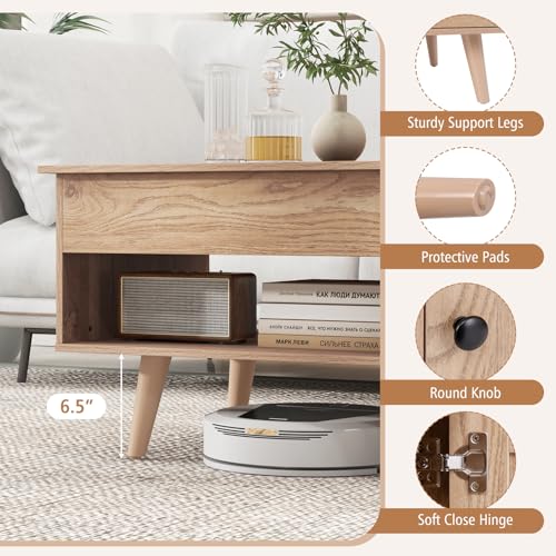 Tangkula Lift Top Coffee Table with Storage, Living Room Table with Hidden Compartment, Cabinet & Open Shelf, Flip Top Center Table, Pull up Coffee Table for Home, Office (Natural) Tangkula