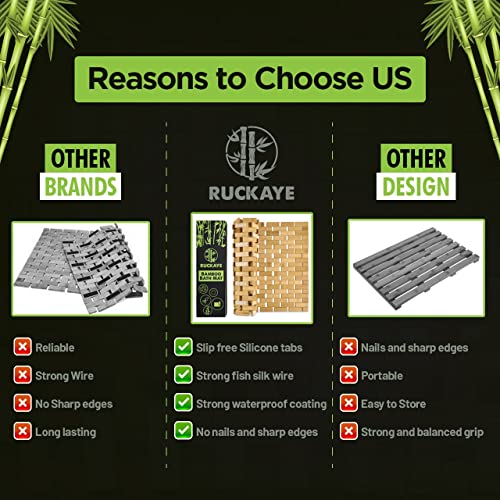 Ruckaye 24x16 Bamboo Bath Mat Premium Bamboo Shower Mat with Silicone Grip Pads Bamboo Bathroom Mat Slip Resistant Bamboo Mat Foldable Wooden Bathroom Mat Waterproof Bamboo Floor Mat Indoor & Outdoor Ruckaye