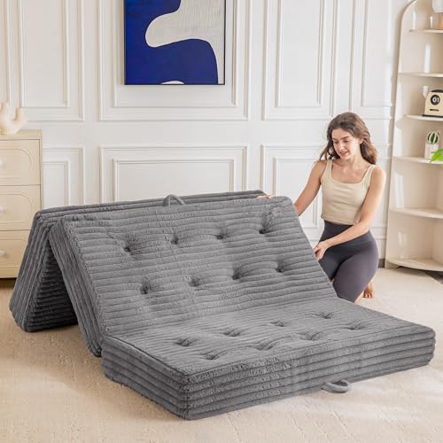 MAXYOYO Folding Mattress with Handles, 6 Inch Tri-Fold Mattress Floor Sofa Bed, Soft Faux Fur Folding Bed with Supportive Foam Filling, Portable Guest Couch for Sleeping, Full, Grey MAXYOYO